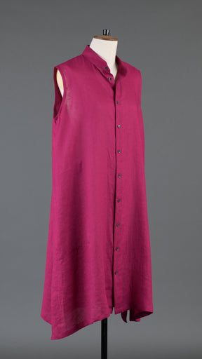 A-line collarless sleeveless shirt dress in magenta