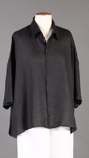 sloped shoulder wide a-line short sleeve shirt with collar - mid in black