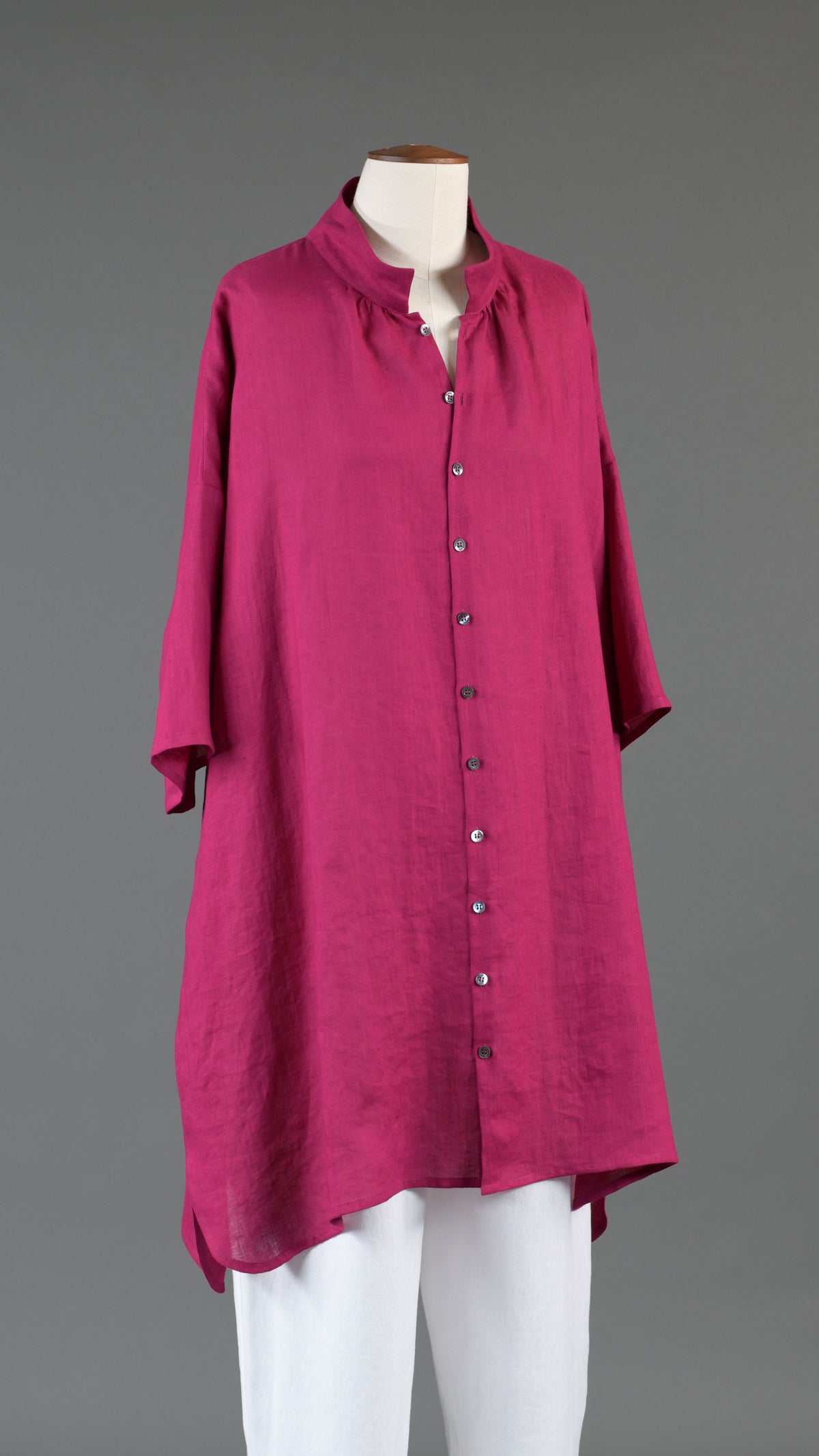 sloped shoulder wide a-line pleated collar short sleeve shirt - very long in magenta