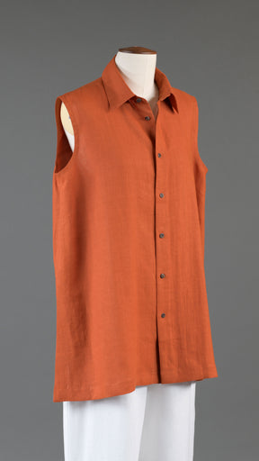 slim a-line sleeveless shirt with collar and side slit detail - long in burntorange