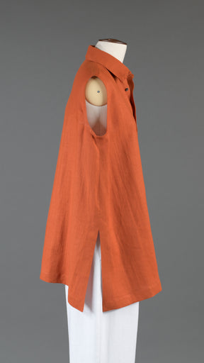 slim a-line sleeveless shirt with collar and side slit detail - long in burntorange
