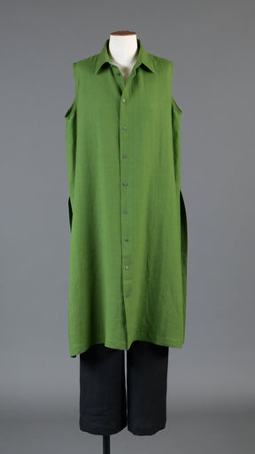 slim a-line sleeveless shirt dress with collar and side slit detail in darklime