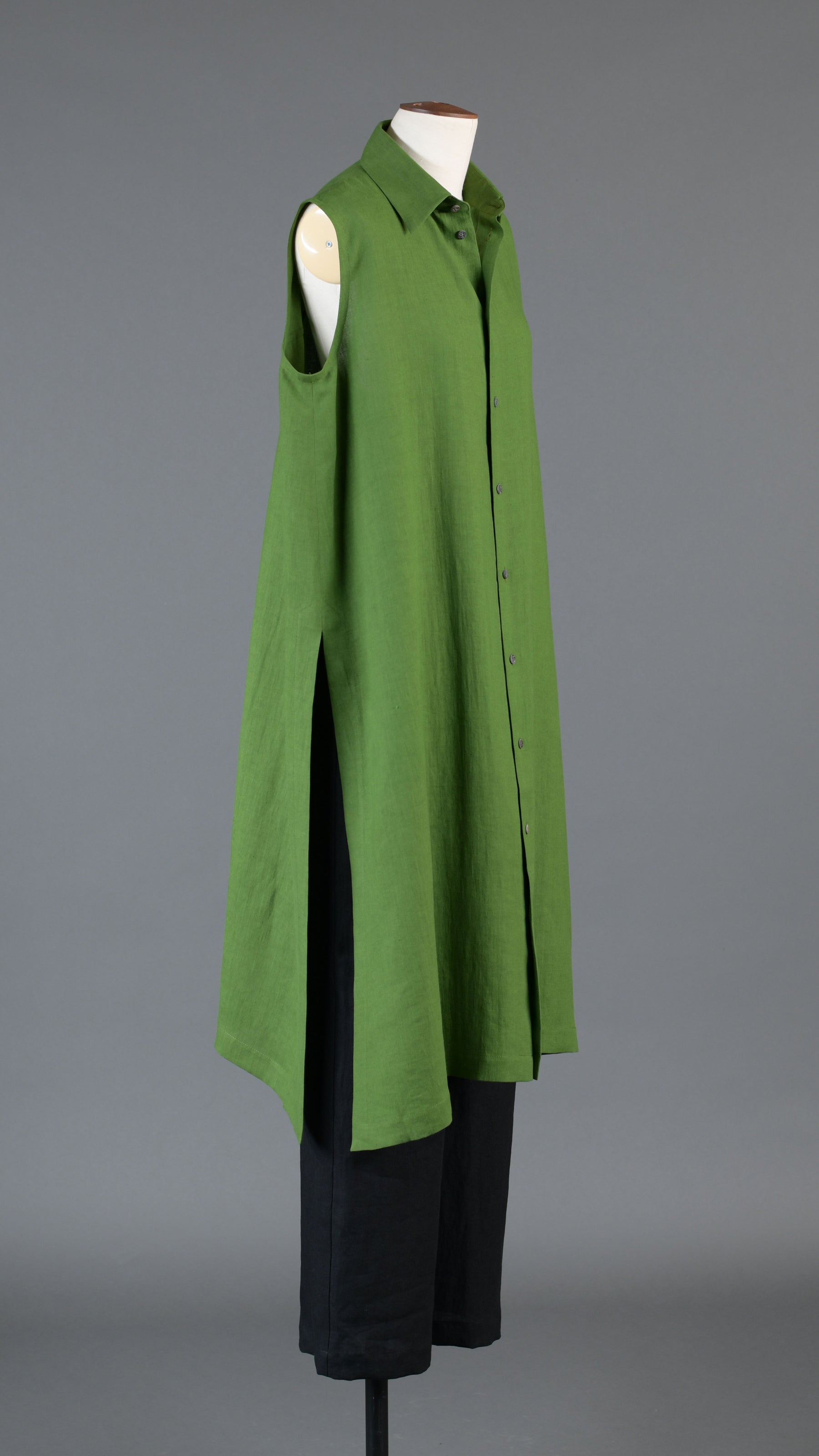 slim a-line sleeveless shirt dress with collar and side slit detail in darklime