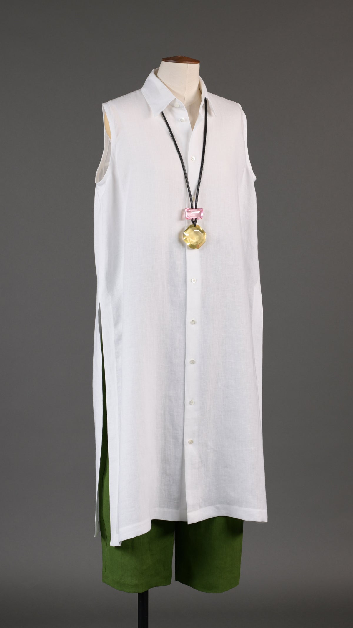 slim a-line sleeveless shirt dress with collar and side slit detail in white