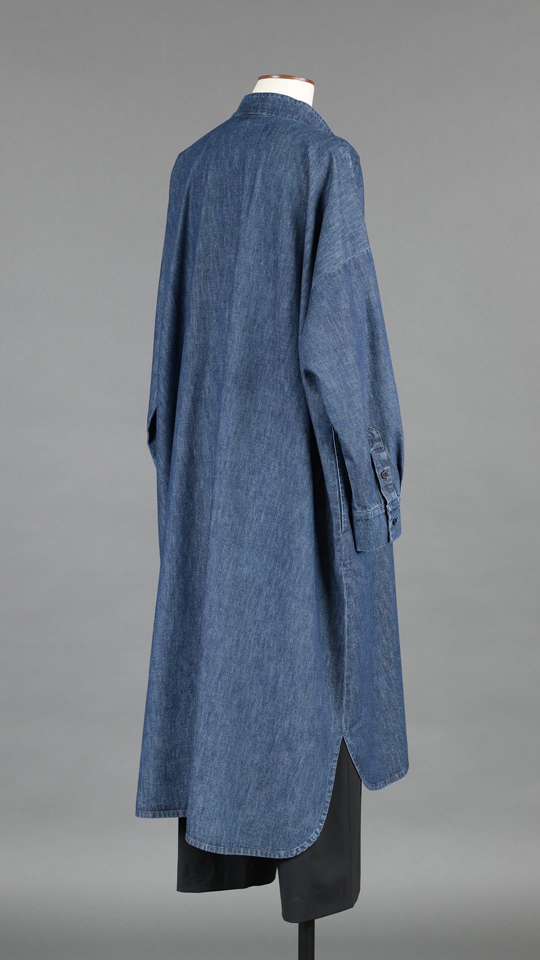 denim wide A-line collarless classic shirt dress in jeandark