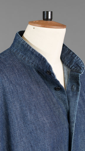 denim wide A-line collarless classic shirt dress in jeandark