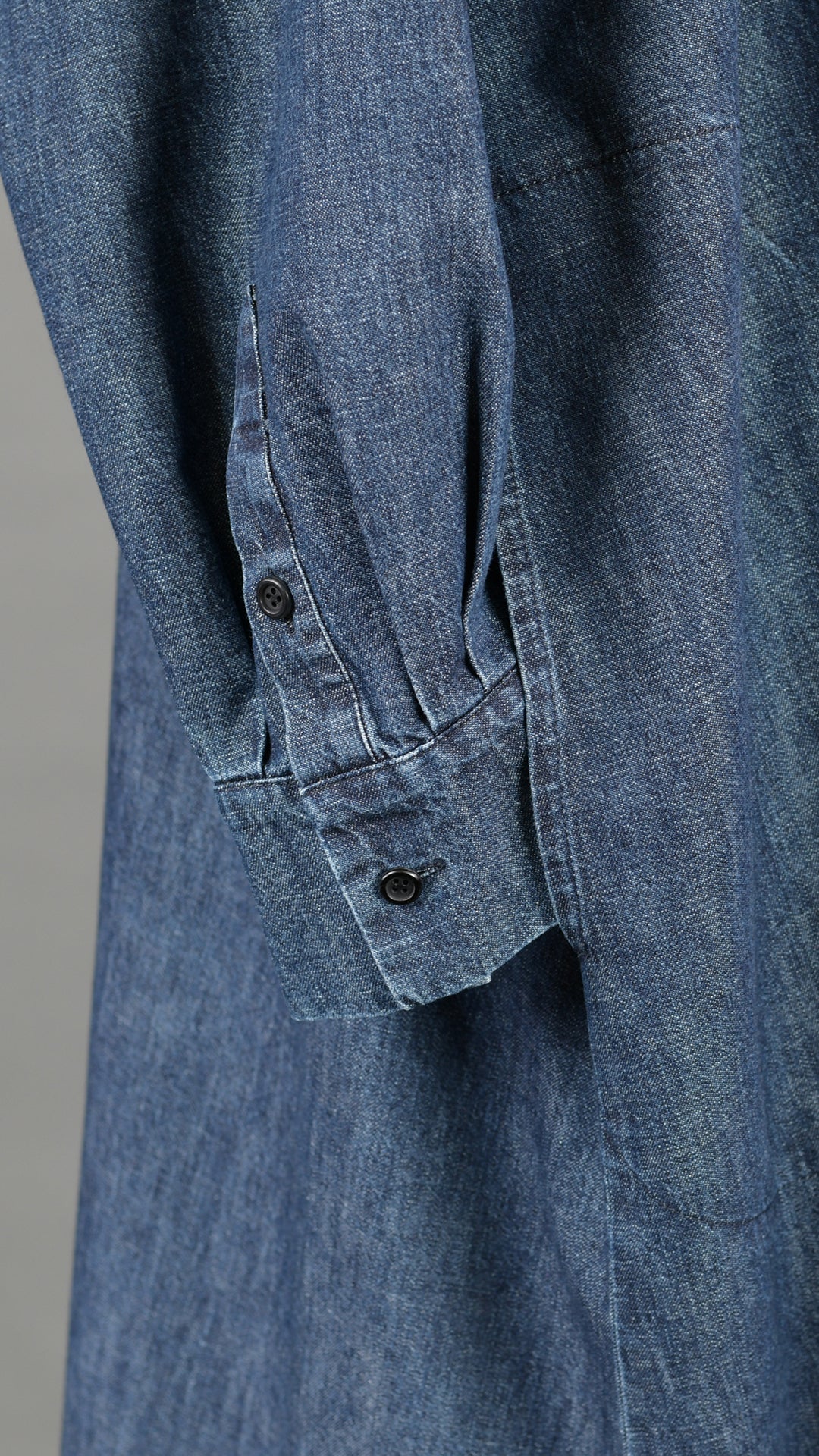 denim wide A-line collarless classic shirt dress in jeandark